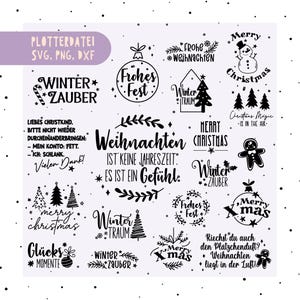 Op de afbeelding: Een verzameling zwarte digitale grafische ontwerpen met kerst- en winterthema's, inclusief tekstzinnen zoals Merry Christmas, Winter Zauber en Frohes Fest, naast iconen van sneeuwpoppen, peperkoekmannetjes, kerstbomen en kerstballen.