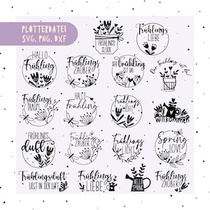 Könnte beinhalten: Eine Sammlung von schwarz-weißen digitalen Designs zum Thema Frühling. Die Designs beinhalten florale Elemente, Schmetterlinge und Sätze wie "Spring Love" und "Hello Spring". Verfügbar in den Formaten SVG, PNG und DXF.