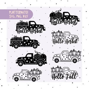 Könnte beinhalten: Schwarz-weiße digitale Illustration mit mehreren Oldtimer-Pick-up-Trucks, die mit Kürbissen beladen sind. Die Trucks haben verschiedene dekorative Muster, darunter Herzen und Punkte. Der Text "Hallo Herbst" und "Hello Fall" ist ebenfalls enthalten.