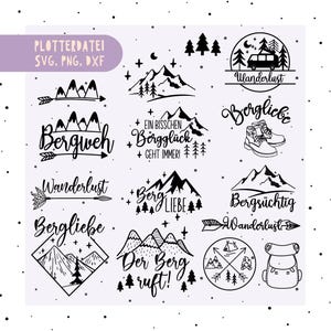 Könnte beinhalten: Eine Sammlung von schwarz-weißen Grafiken zum Thema Berge, darunter Texte wie "Bergweh", "Wanderlust" und "Bergliebe". Die Designs zeigen Berge, Pfeile, Bäume und einen Rucksack.