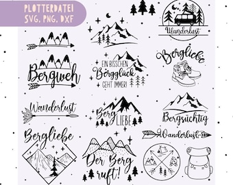 Op de afbeelding: Een verzameling zwart-witte grafische ontwerpen met bergen als thema, met tekst als "Bergweh", "Wanderlust" en "Bergliebe". De ontwerpen bevatten bergen, pijlen, bomen en een rugzak.