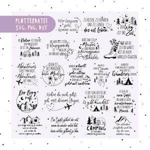 Op de afbeelding: Een digitaal downloadbestand met diverse inspirerende citaten en afbeeldingen, waaronder thema's als kamperen en reizen. Het ontwerp bevat Duitse tekst, met illustraties van bergen, tenten en vliegtuigen. Bestandsformaten: SVG, PNG, DXF.