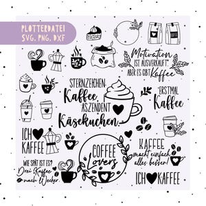 Könnte beinhalten: Schwarz-weiße digitale Designelemente zum Thema Kaffee. Enthält Kaffeetassen, Kaffeebohnen und Text wie "Coffee Lovers" und "First Coffee". Ideal für Bastelprojekte.