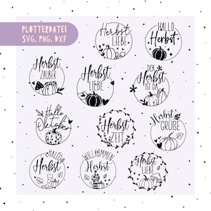 Könnte beinhalten: Eine Sammlung von schwarz-weißen digitalen Designs zum Thema Herbst. Jedes Design zeigt das Wort "Herbst" mit verschiedenen Sätzen und Illustrationen von Kürbissen, Blättern und Pilzen. Die Designs sind kreisförmig.