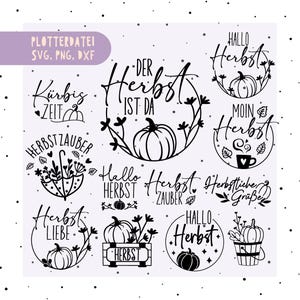 Könnte beinhalten: Eine Sammlung schwarz-weißer digitaler Designs mit herbstlichen Illustrationen von Kürbissen, Regenschirmen und Blumen sowie deutschen Schriftzügen wie "Der Herbst ist da", "Kürbis Zeit" und "Hallo Herbst" für Schneideplotter.