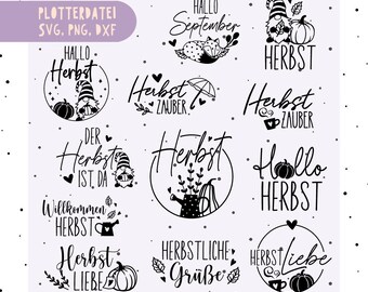 German plotter file autumn - Hello autumn - Autumn Gnome plotter file - Autumn magic - Autumn greetings SVG bundle - Pumpkin Svg Dxf Png