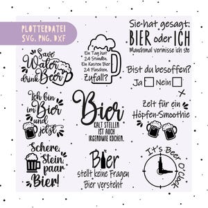 Op de afbeelding: Een verzameling zwart-wit afbeeldingen met bierthema's, met verschillende zinnen en illustraties. Bevat tekst als "Save Water Drink Beer" en "It's Beer O'Clock". Perfect voor knutselprojecten.