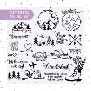 Könnte beinhalten: Schwarz-weiße digitale Designelemente mit Berg-, Baum- und Campingmotiven. Texte beinhalten "Wanderlust", "Berg Liebe" und "Ich bin dann mal weg!". Das Design ist mit "PLOTTERDATEI SVG, PNG, DXX" beschriftet.