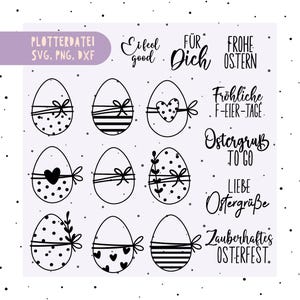 Könnte beinhalten: Ein digitales Design mit Ostereier-Illustrationen mit verschiedenen Mustern und Schleifen. Der Text enthält "Ich fühle mich gut", "Für dich", "Frohe Ostern" und andere Feiertagsgrüße. Das Design ist in SVG-, PNG- und DXF-Formaten erhältlich.