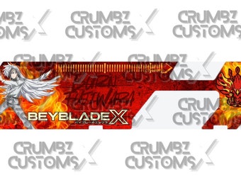 May include: A red and white Beyblade X sticker with a character in a white outfit and a dragon design. The sticker features the text "Beyblade X" and "Valkyrie".