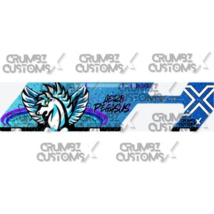May include: A blue and white graphic design featuring a white winged horse with a blue and purple background. The text "Aero Pegasus" is written in black and purple. The text "ベイブレード" is written in black. The design is for a Beyblade.