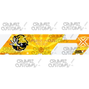 Pode incluir: Um design gráfico amarelo e laranja com um personagem de desenho animado e o texto "Rizzard Rod" e "Crumbz Customs".