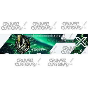 May include: A green and white graphic design featuring a knight's helmet and lightning bolts. The text "Knightmail" and "ペイブレード" are visible.