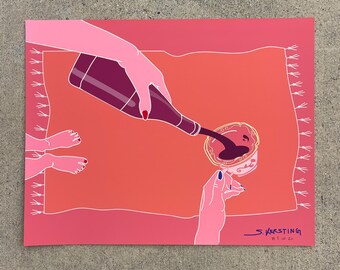 May include: A pink and red illustration of a hand pouring wine from a bottle into a teacup on a pink and red patterned blanket. The text "S. KRESTING" and "21.02.20" is in the bottom right corner of the image.
