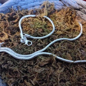 May include: A silver-colored necklace and bracelet set with a snake-like design. The jewelry is displayed on a bed of brown moss inside a woven basket. The necklace has a dragon head clasp.