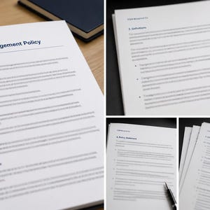 Puede incluir: Se muestran varios documentos con los títulos "Change Management Policy" y "Definitions". El texto es negro sobre papel blanco, con títulos azules. En el fondo se ve un cuaderno azul oscuro.