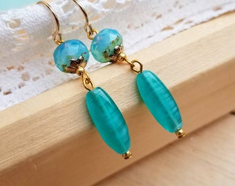 Czech Glass Dangle Earrings -Turquoise Blue - Dangle Earrings