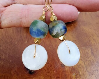 Recycled Glass and Mother of Pearl Earrings - Vintage Button Earrings - GF Ear Wire