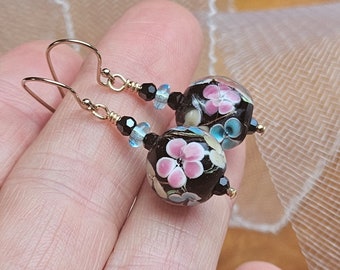 Artisan Lampwork Glass Bead Earrings - Black with Flowers - Gold Filled Ear Wires