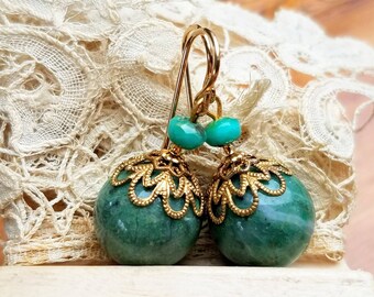 Sage Green Natural Stone Earrings with Vintage Filigree Caps - Gold Filled Earwires