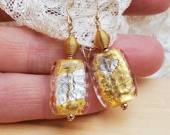 Pair of Ventian Glass Dangle Earrings - 24K Gold and Silver Leafing - Gold Filled Ear Wires