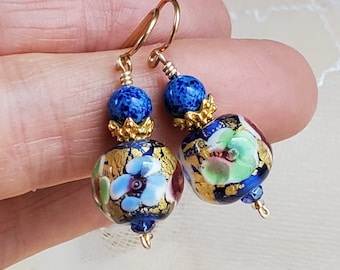 Venetian Glass and Lapis Earrings - Cobalt Blue with Gold Leaf - Flower Motif - Everyday Earrings