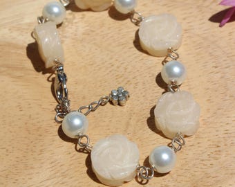 Genuine Handcarved Rose Calcite Stone and Freshwater Pearl Silver Link Bracelet