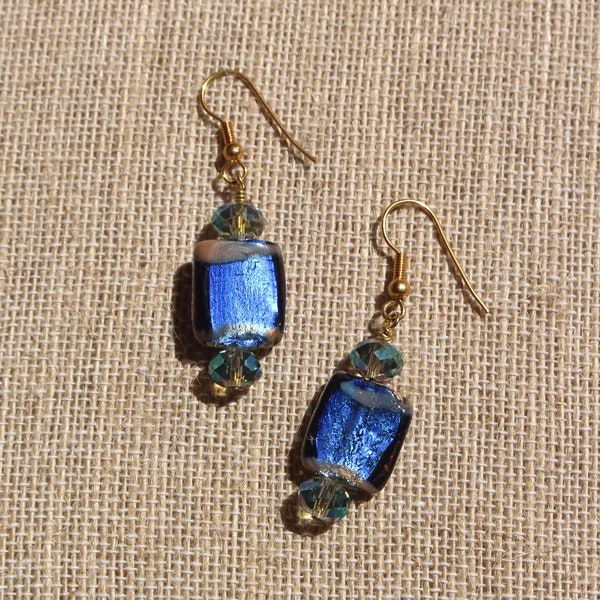 Blue and Gold Foiled Glass and Crystal Gold Dangle Earrings