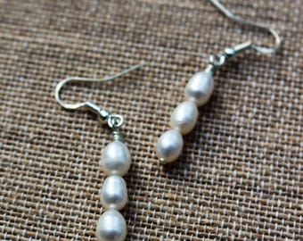 Genuine White Freshwater Pearl and Silver Dangle Earrings