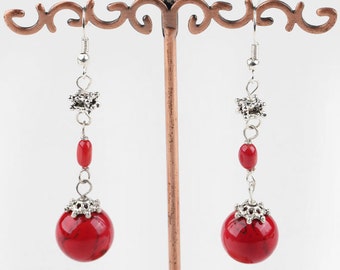 Genuine Red Howlite and Silver Beaded Dangle Earrings