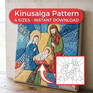 May include: A Kinusaiga pattern featuring a nativity scene with Mary, Joseph, and the infant Jesus. The fabric art uses blue, yellow, and green patterned textiles. A red arrow points to a black and white line drawing of the same design.