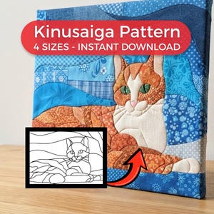 Könnte beinhalten: Ein Kinusaiga-Bastelprojekt mit einer stoffbezogenen Katze in Orange- und Weißtönen vor einem blau gemusterten Hintergrund. Der Text lautet Kinusaiga Pattern 4 SIZES - INSTANT DOWNLOAD. Eine schwarz-weiße Strichzeichnung ist abgebildet.