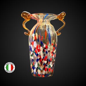 Murano Blown Glass Vase with Murrine &quot;CHROMA&quot; – Handmade Venetian Art Glass, Colorful Millefiori Decorative Vase Made in Italy