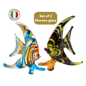 Set of 2 Murano Glass Fishes – Handcrafted Striped Figurines – Authentic Venetian Art with Certificate of Authenticity