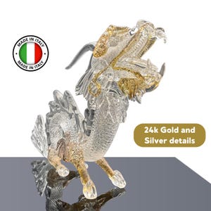 Murano Glass Dragon 24k Gold and Silver &quot;AETHERIA&quot; – Handmade Sculpture Asian chinese mythical figurine statue | Made in Italy Free Shipping