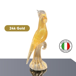Murano Glass Bird 24kt Gold &quot;CRESTIA&quot; Made in Italy - Tropical bird cockatoo Handcrafted in Venice by Master Glassmaker  | Free Shipping