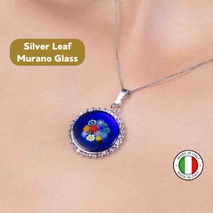 Murano Harlequin Glass Murrina Necklace with Blue Background – Rhodium-Plated 925 Silver Chain 45 cm – Gift Box Included