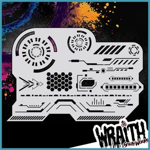May include: A white stencil with a futuristic design featuring geometric shapes, lines, and circles. The stencil is labeled "WRATH Spray Works".
