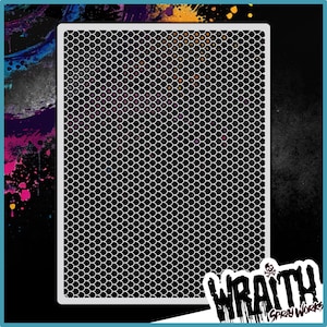May include: A black and white stencil with a repeating pattern of small circles, resembling a mesh or net. The stencil is labeled "Wraith Spray Works" in red and white.