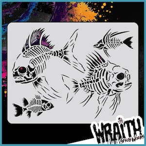 May include: A stencil featuring three fish skeletons in a black and white design. The stencil is on a gray background with the word "Wraith" and "Spray Works" in black text.