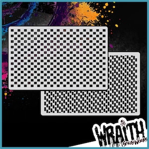 May include: Two black and white checkered stencils for use with spray paint. The stencils are made of durable plastic and are reusable.