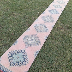 May include: A long, narrow, pink runner rug with a repeating floral pattern in shades of blue, green, and cream. The rug is placed on green grass and has a detailed border design. The runner is likely used in a hallway or entryway.