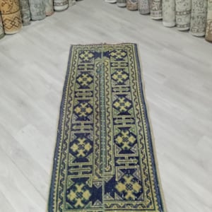 Vintage Oushak Rug 2x5: Small Handmade Pastel Blue Runner