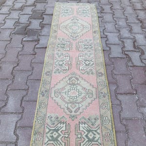 Vintage Turkish Rug Runner, Pink Geometric Pattern (1.10x6.5 ft)