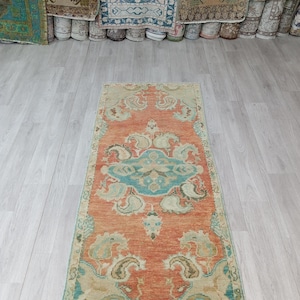2x5 Red green Rug, Modern Decor Vintage Turkish Rug 2x5, Small Mini Runner, Wool Natural Handmade Rug Runner, 2x4.8 feet
