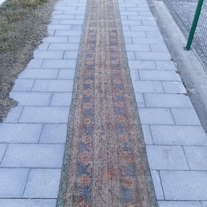 May include: A long, narrow rug with a faded, vintage look. The rug has a blue, brown, and green color scheme with intricate patterns throughout.