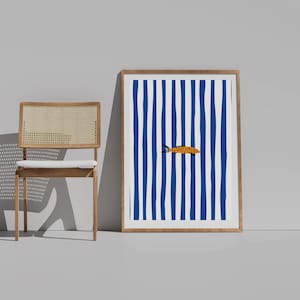 Sardine On Blue Stripes Watercolor Print, Retro Wall Art, Fish Seafood Kitchen Decor, Abstract Minimalist Poster Home Decoration