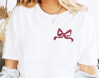 Embroidered Personalized Pink Bow Shirt Trendy Ribbon, Balletcore Top Custom Name Gift for Bestie, Embroidered Initials Bachelorette Shirt