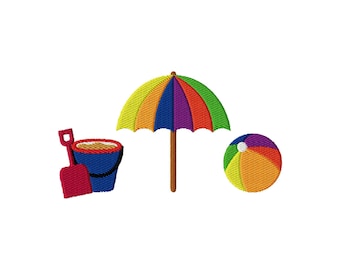 Beach Trio Embroidery Design: Summer Sand Bucket, Umbrella, Ball (Instant Download)