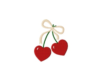 Heart Cherries with Bow Embroidery Design, Coquette Applique (Digital File)